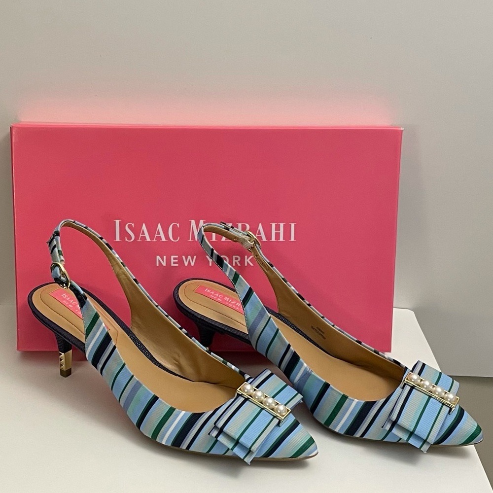 NIB Isaac Mizrahi Slingback Pumps Striped Blues/Greens Fabric 2.5” Heels Size 6